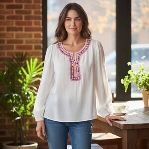 Lilly Pulitzer Tunic Women L White Embroidered V-Neck Rayon Long Sleeve Top Boho